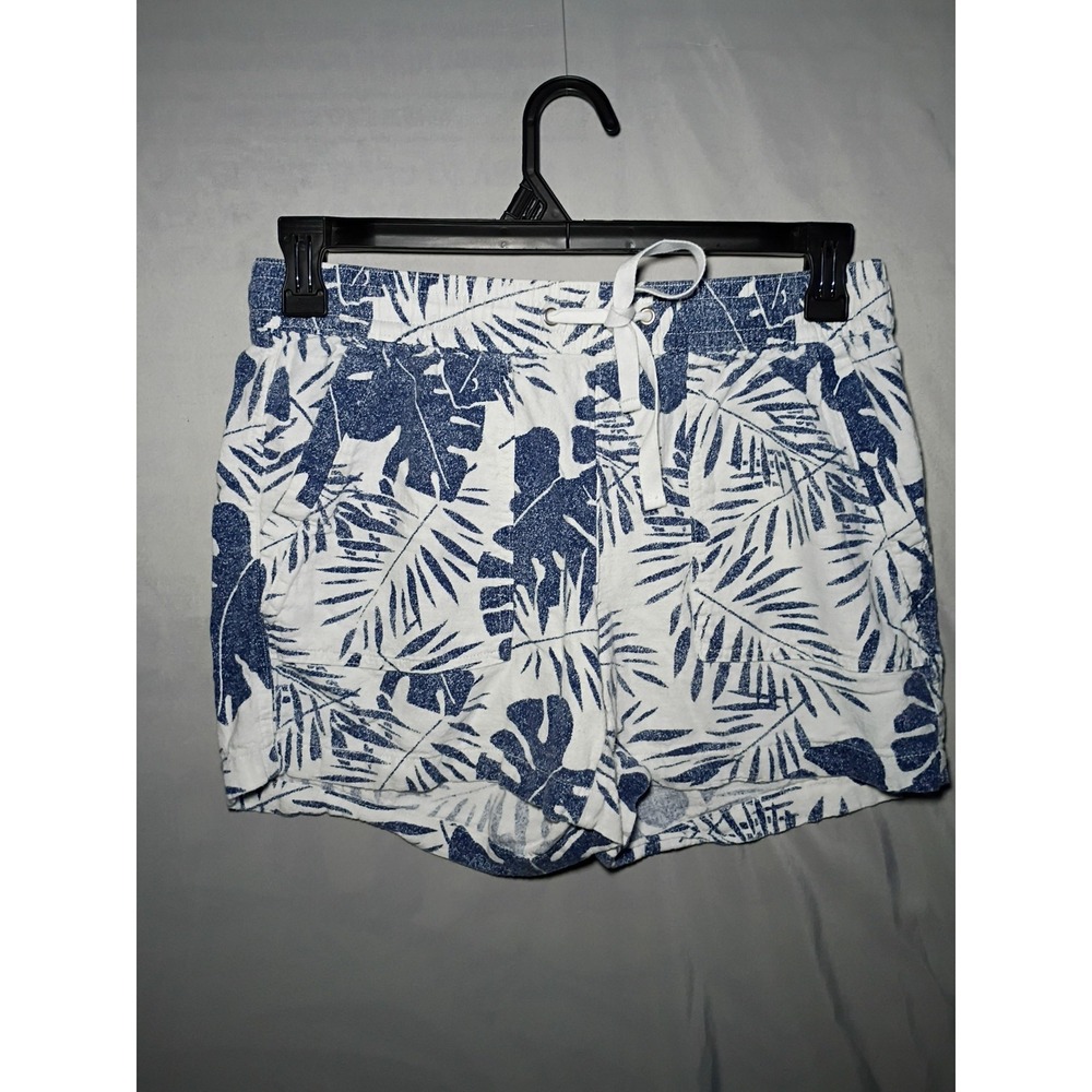 Nautica Womens Shorts S Blue Floral Linen Blend Drawstring Flat Front Casual
